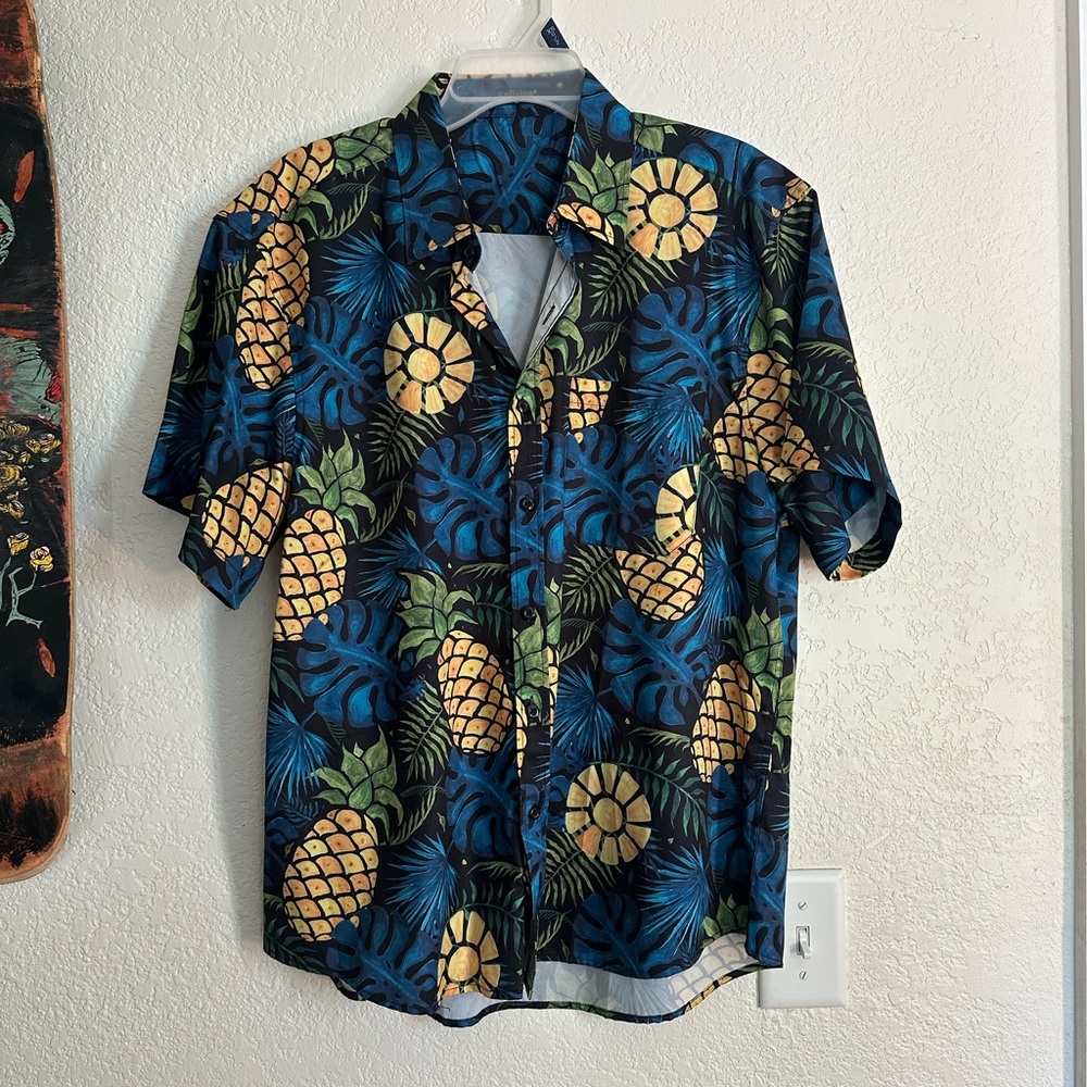 Blue and Yellow Casual Button Down Shirt with Pineapple Print